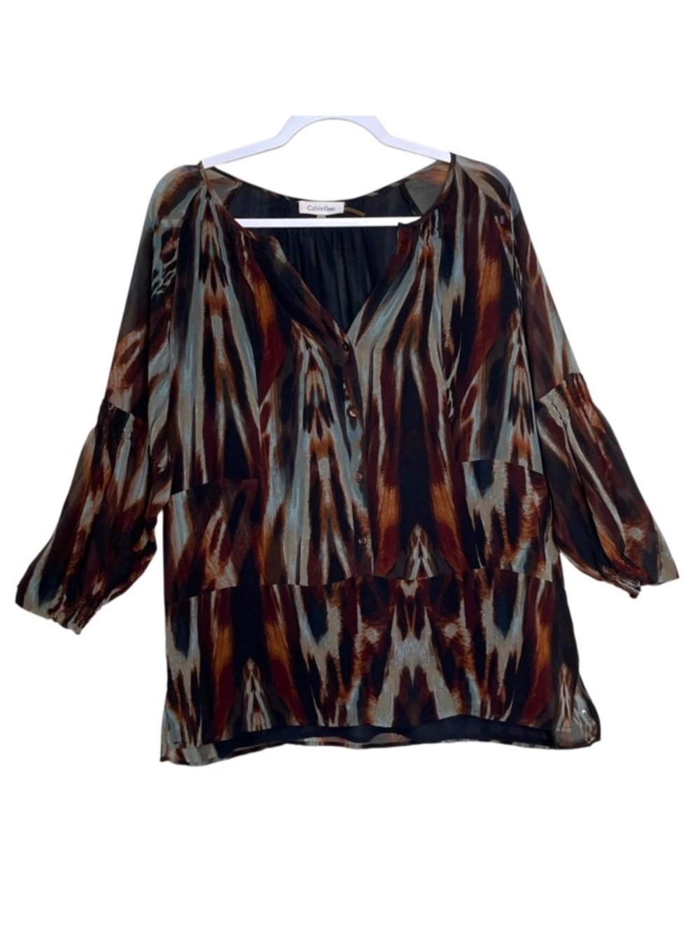 Calvin Klein Witchy Goth Grunge Blouse Partial Button Up Ruching Mob Wife Size L